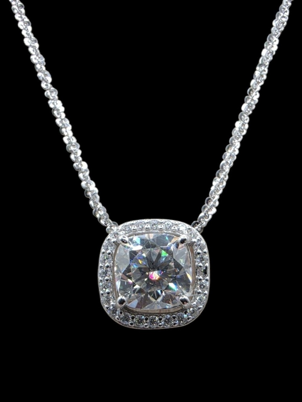 2.15 CTW Moissanite Italian 925 Sterling Silver Halo Pendant Necklace 18”